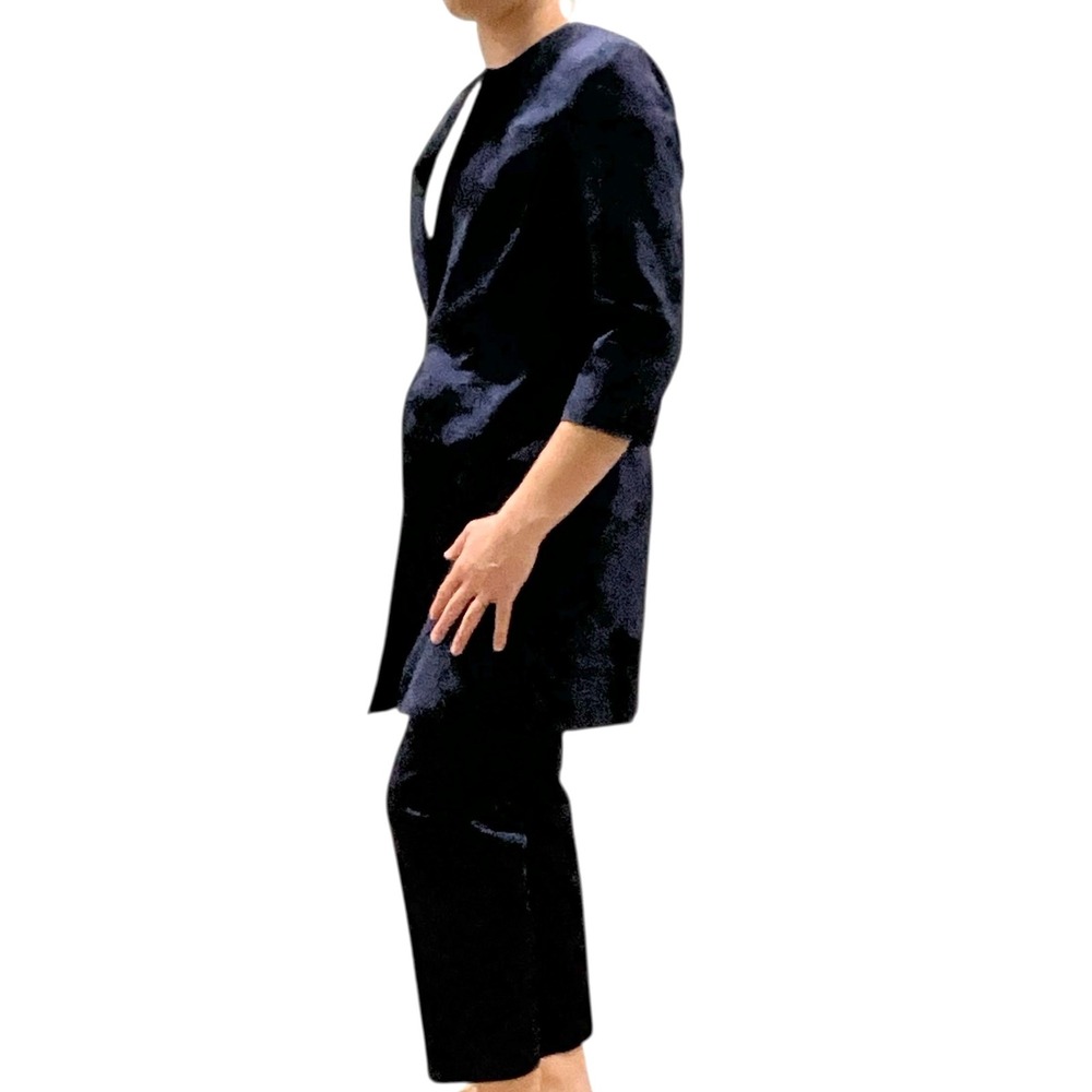 Talbots Petites Navy Blue Brocade Jacquard Collarless Long Jacket Coat Pant Suit - Picture 3 of 10